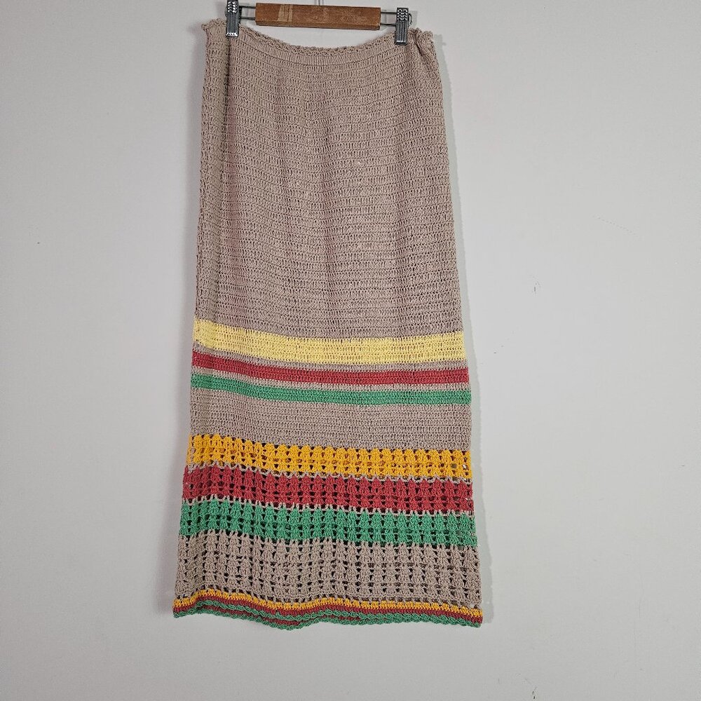 Free People Crochet Knit Skirt Medium Tan Midi Boho Coastal Beach Festival - Picture 2 of 12